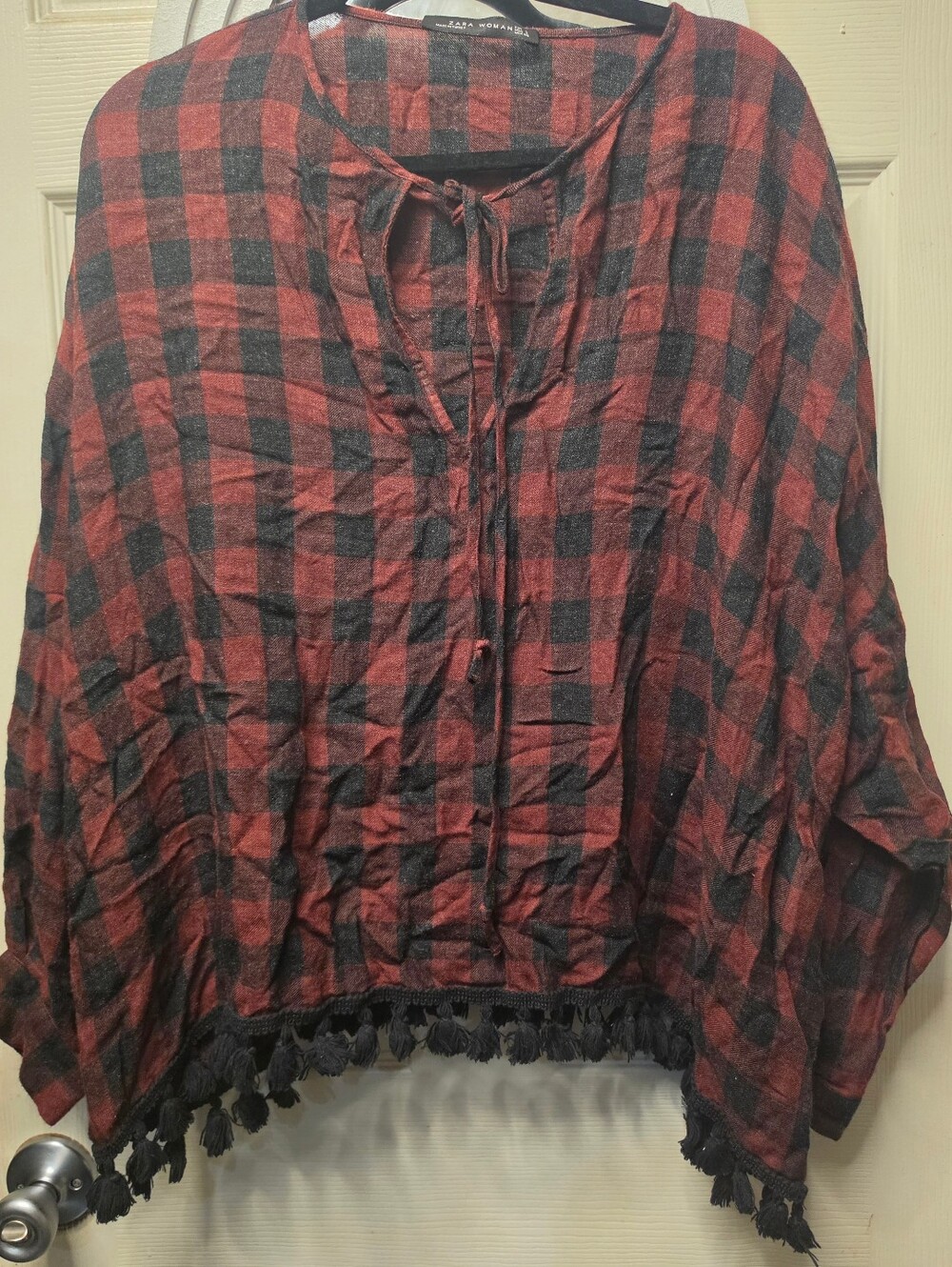 Zara Plaid Tassel Hem Peasant Top - Red and Black